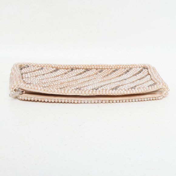 Vintage Hand Beaded Pearl Clutch Champagne Pearls Satin lining Coin Purse 7" - Picture 4 of 6